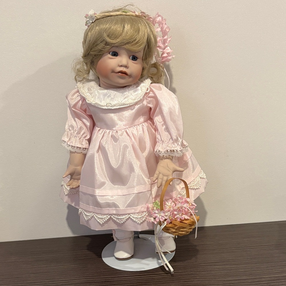 Pink Porcelain Doll with Basket